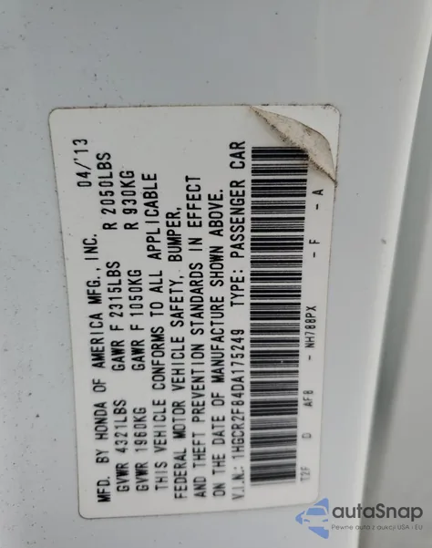 2013 Honda Accord Exl z USA, uszkodzony, nr VIN 1HGCR2F84DA175249